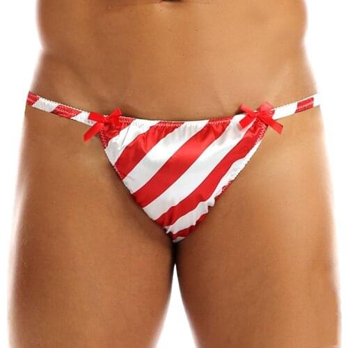 Mens Shiny Satin Striped Christmas Sissy Panties G-String Jockstraps Bulge Pouch Sexy Parties Bikini Breifs Lingerie Underwear