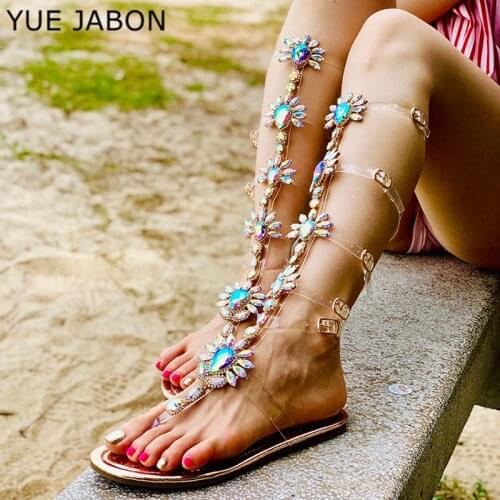 New 2021 Rose Gold Women Flats Knee High Boots Buckle Strap Flat Heels Rhinestone Party Shoes Beach Sexy Women Footwear Sandals