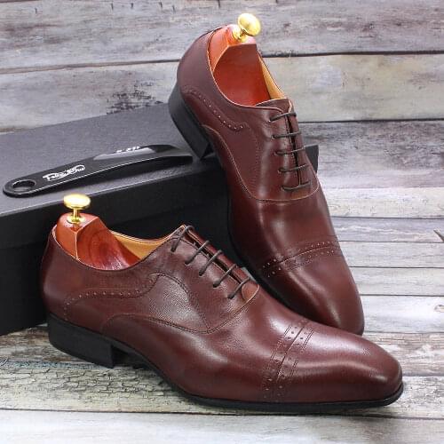 Solid Color Men Handmade Shoes Genuine Leather Cap Toe Mens Oxford Shoes Lace-Up Dress Shoes Business Wedding Formal Footwear