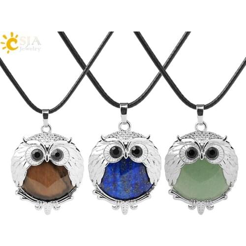 CSJA Reiki Quartz Natural Stone Pendants Owl Necklace Purple Pink White Crystal Green Aventurine Tiger Eye Chakra Jewelry G803