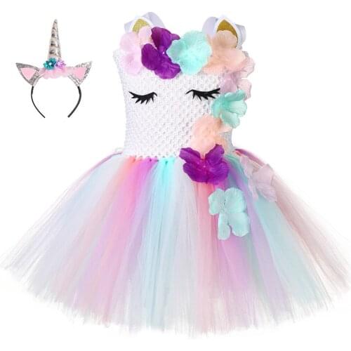 Halloween Unicorn Tutu Dress Flowers Girls Birthday Party Dress Kids Children Pageant Baptism Back School Costume Clothes Outfit