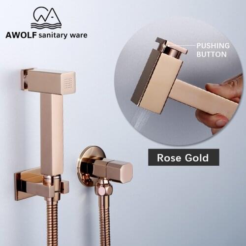 Rose Gold Hand Held Toilet Bidet Sprayer Douche Kit Solid Brass Square Shattaf Shower Set Faucet With Pushing Button AP2201