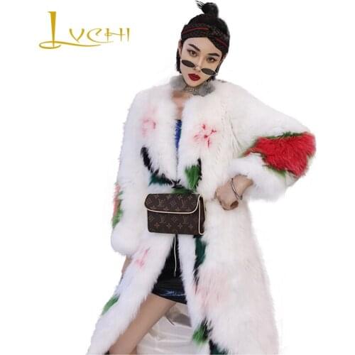 LVCHI 2019 New Real Fox Fur Coats Slim Real Natural Fox Fur Coat Womens Striped Gradient Contrast Color Print Fox Fur Coats