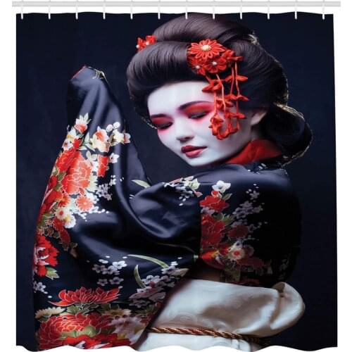 Young Pretty Geisha in Kimono with Sakura Traditional Oriental Costume Makeup Fabric Bathroom Decor Set