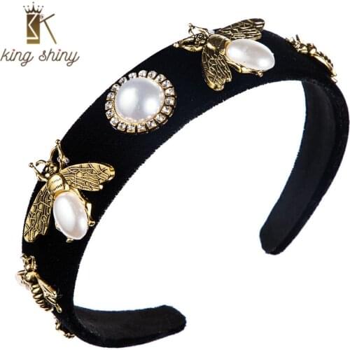 Baroque Retro Black Velvet Bee Headband for Woman Vintage Simulated Pearl Rhinestone Flower Hair Band Woman Party Hair Accessory