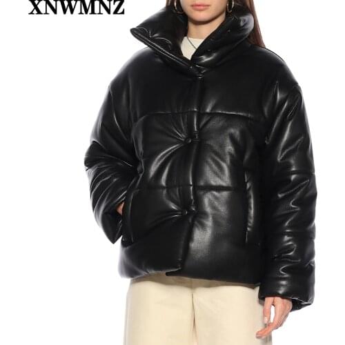 XNWMNZ Za Solid PU Leather Parkas Women Fashion High Imitation Leather Coats Women Elegant Thick Cotton Jackets Female Ladies