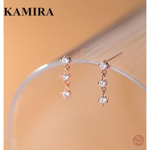 KAMIRA 925 Sterling Silver Korean Shiny Zircon Pendant Stud Earrings for Women Teen Wedding Romantic Piercing Royal Jewelry Gift