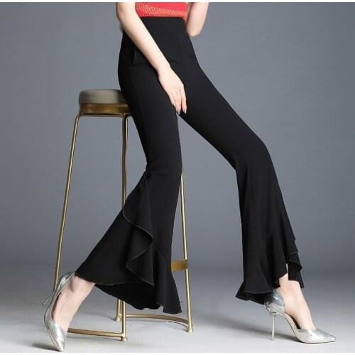 Flare Pants Women Black Baggy Ruffle Pantalon Femme Korean Fashion Vintage Plus Size High Waist Trousers Clothes Casual Slim New