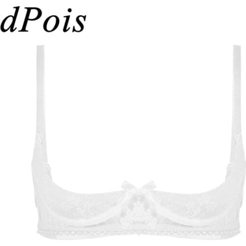 Womens Sheer Lace Braltte Sexy Lingerie Intimates Spaghetti Shoulder Straps 1/4 Cups Pearl Trimmed Underwired Lace Bra Top Femme