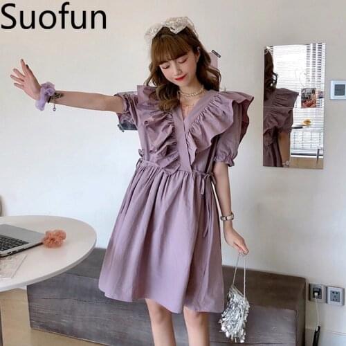 Suofun V-Neck Chic Purple Sexy Kawaii Lovely 2021 High Waist Women Sweet Vintage Loose Lace-Up A Line Midi Ruffled Elegant Dress