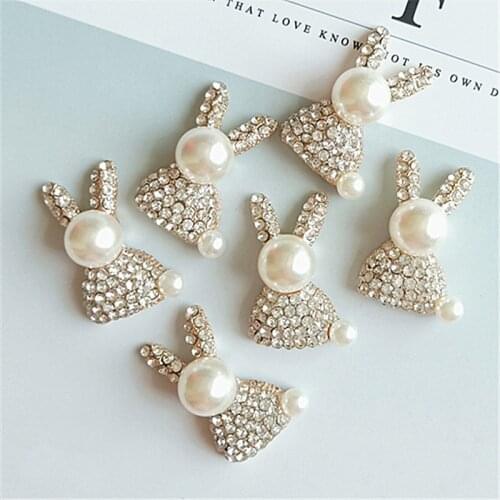 5pcs/lot Cute Rabbit Rhinestone Pearl Buttons Flat Back For Girl Hair Wedding Invitation Card Buttons Dress Jewelry Accessories