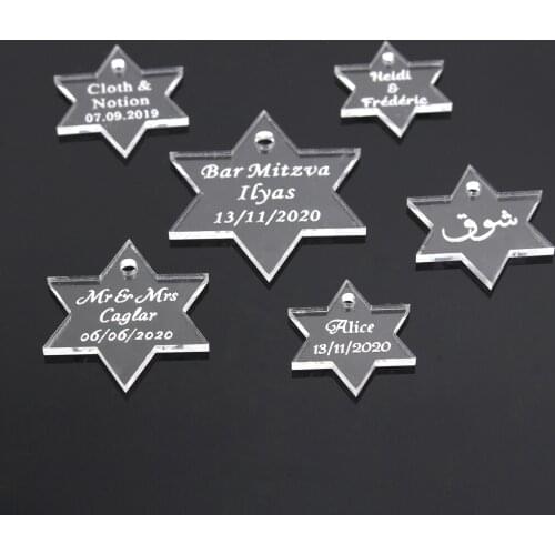 50 Pieces Personalized Wedding Engraved Clear Jewish Star Tags Customize Christening Birthday Gift Labels Party Table Decoration
