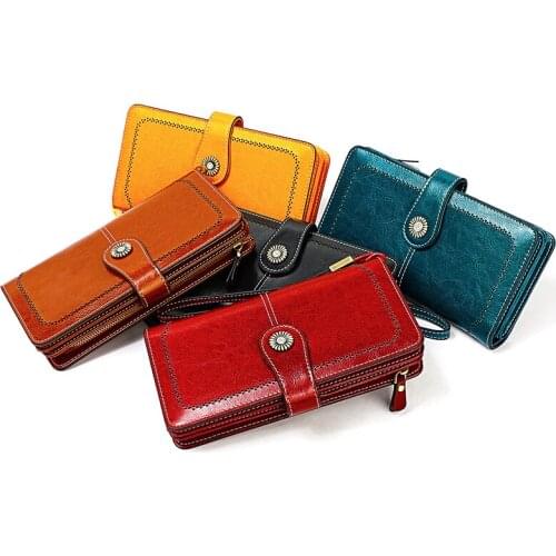 Long Clutch Purse with Wrist Sling Fashionable Black Red Yellow Woman Wallet for Multi Credit Card Genuine Leather