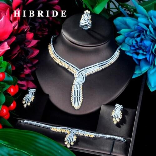 HIBRIDE Luxury Design Long Pendant Double Tone Jewelry Set CZ Earrings Necklace Women Bridal Jewelry Set Party Gifts N-905