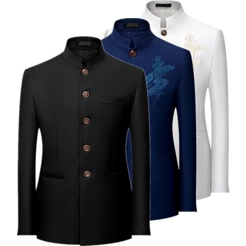 Chinese Stand Collar Men Blazer 7XL Big Size Solid Casual Suit Jacket Slim Fit Mens Wedding Blazers Yellow Burgundy White Black