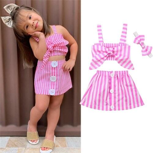 Fashion Summer Kids Baby Girl Stripes 2Pcs Outfits Strap Bow Crop Tops Vest Button Mini Skirts Kids Girl Clothing Sets 6M-3Y