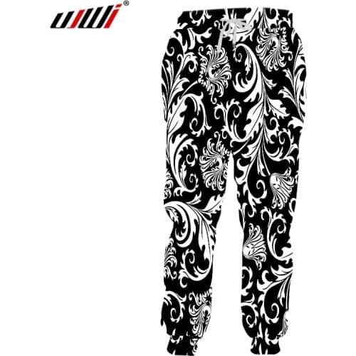 UJWI Man Sweatpants New Loose 3D Printed Baroque Black White Flowers Trousers Oversized Clothing Men Spring Pants Size Custom