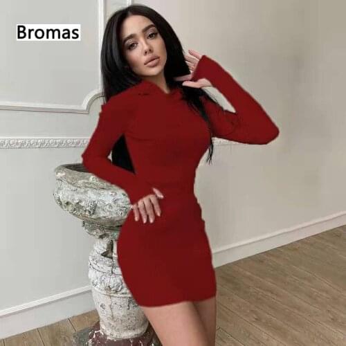 New Autumn Womens Clothing Sexy Fashion Solid Color Knitted Hooded Long-Sleeved Slim Mini Dress