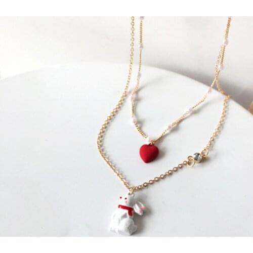 New Lovely Rabbit Pendant Necklaces Neckchain Pearl Double Clavicle Chain Multi Layer Red Heart Necklace Gold Fashion Jewelry
