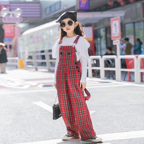 Girls' Autumn Jumpsuit Plaid Sling Square Collar Overalls Fashion 2021 New Wide Leg Pants Baby Kids Clothes ChildrenS Clothing