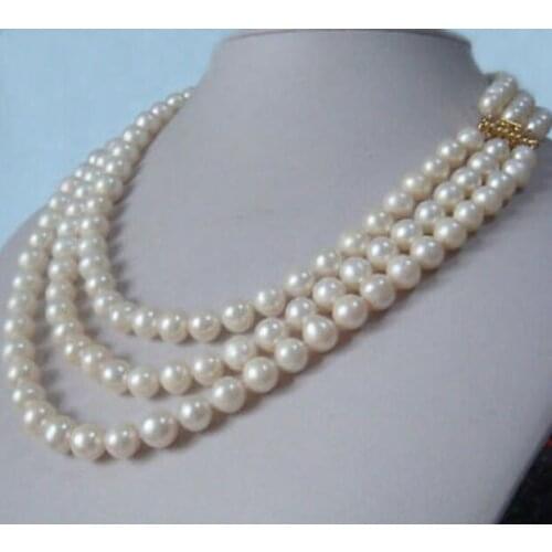 Jewelry Pearl Necklace Three-Strand natural 8-9mm akoya white pearl necklace 17"18"19" 14K gold clasp