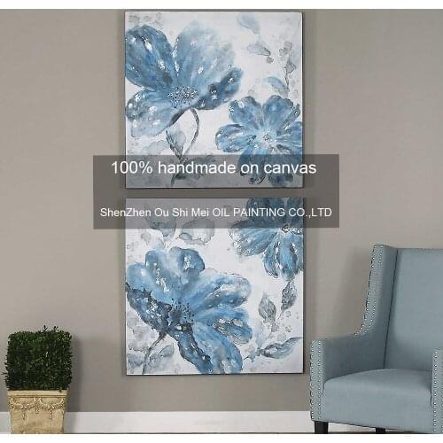 Hand Painted Modern Abstract Oil Painting On Canvas for Hotel Decor 2PCS Blue Flowers Home Decor Painting for Living Room