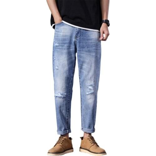 Ripped Jeans For Men Light Blue Big Holes Loose Fit Distressed Streetwear Moto Biker Jeans Man Hip Hop Denim Trousers Baggy Torn