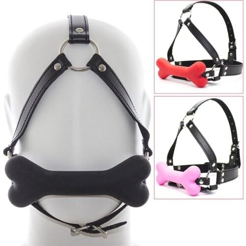 Silicone Dog Bone Bite Gag Open Mouth Plug PU Leather Head Harness SM Slave Bondage Muzzle Pup Play Pet Roleplay Erotic Sex Toys