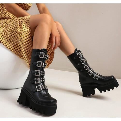 YMECHIC Winter 2020 Block High Heels Platform Biker Combat Boots for Women Black Studded Buckle Mid Long Punk Boots Gothic Shoes