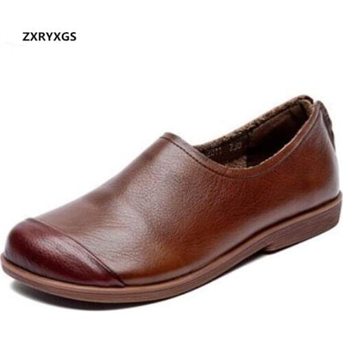 2021 New Classic Retro Back Zipper Full Genuine Leather Shoes Flat Soft Sole Comfortable Casual Shoes Spell Colors Women Flats