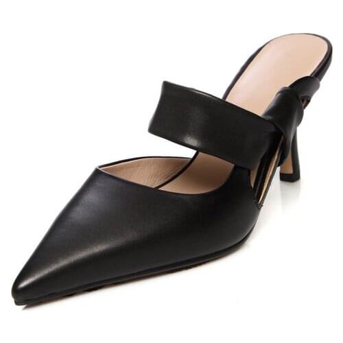 Women Slippers Mules Genuine Leather 7.5cm High Heels Slippers Elegant Party Pointed Toe Summer Shoes Size 40