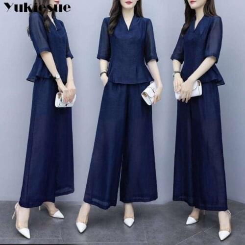 Summer 2 two piece short sleeve blouse wide leg pants set women clothes ensemble femme sets womens club outfits for women