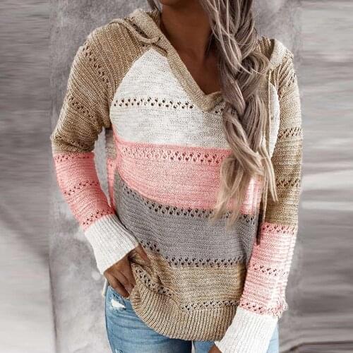 Casual Women Autumn Long Sleeve Stripe Patchwork Knitted Pullover Hooded Sweater