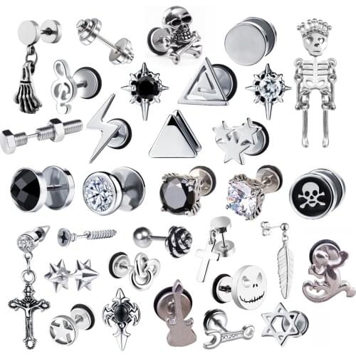 2021 Punk Stainless Surgical Steel Women Mens Stud Earrings Small Gothic Geometry Skeleton Rock Zircon Hip Hop Jewelry Earrings