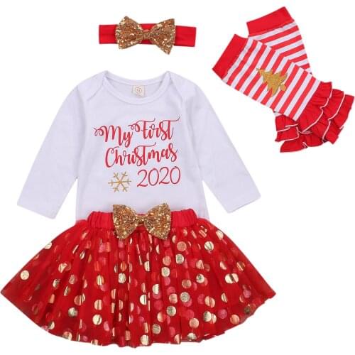 Christmas Infant Newborn Baby Girls 4Pcs Set Santa Clothes Set Long Sleeve Bodysuits Dots Mesh Skirts Headband Legging Warmmer