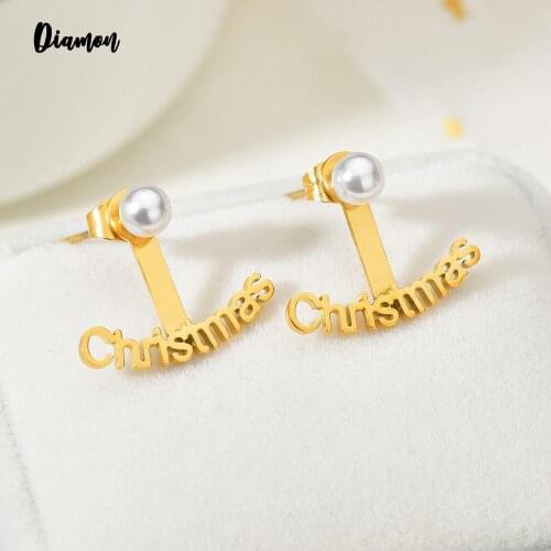 Diamon Personalized Name Stud Earrings Stainless Steel Letter Pearl Earring For Women Custom Name Piercing Earrings Nameplate