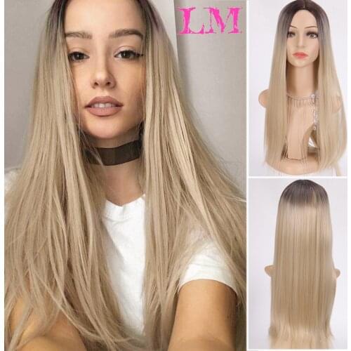 Long Straight Ombre Blond Heat Resistant Synthetic Two Tone Wigs For Women 24 inch Hair Wig