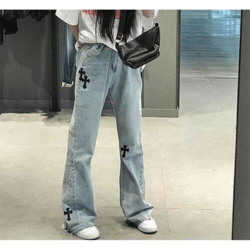 Genuine Leather Cross Jeans Womens High Street Blue Jeans High Waist Embroidery Streetwear Loose Straight Wide Leg Pants Denim