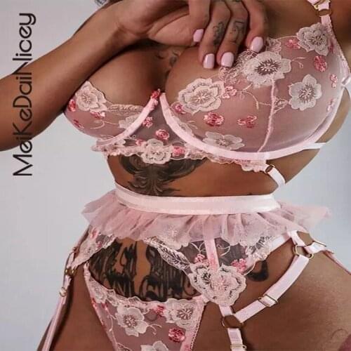 MeiKeDaiNicey Erotic Lingerie Sexy Lace Sensual Lingerie Woman Underwear Set Floral Brief Set 3 Pcs Underwire Bra Lingerie Set