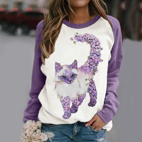 40#T Shirts Women Cat Flower Moon Elephant Print Stitching Contrast Top T-Shirts Spring Long Sleeves Elegant Tee Tops футболка