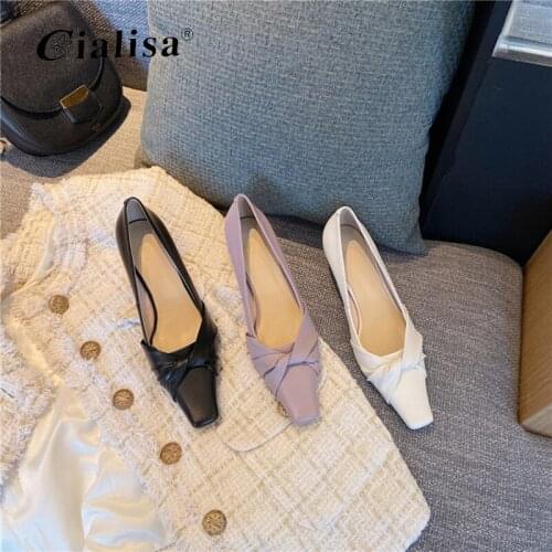 CIALISA High-heeled Shoes New 2020 Stiletto Middle Heel Sexy White 5cm Shallow Square Toe Genuine Leather Woman Pumps