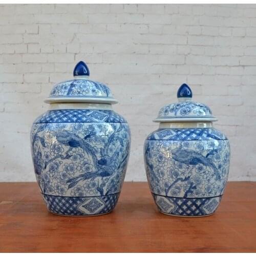 Ceramic Ginger jar Blue And White Porcelain temple jar Flower And Bird Ceramic Decorative Jar vase