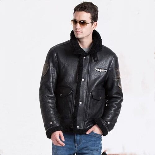 Jacket Flying Mens Original Ecology Sheep Fur Leather Thicked Lapel Fur Coat Sheepskin Reinforced Flight Suit Motorcycle Jacket