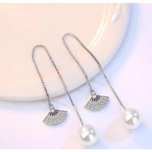 Cute Romantic Long Chain Box Tassel Drop Earrings Crystal Paved Fan Pearl Soft Dangle Earring For Women Earring Piercing Jewelry