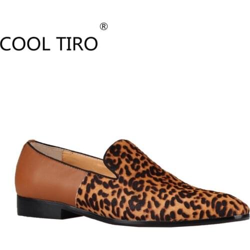 COOL TIRO Luxurious horsehair Leopard Men‘s Loafers Moccasins Smoking Party Dress Shoes Red Bottom Casual Prom Shoes Flats Brown