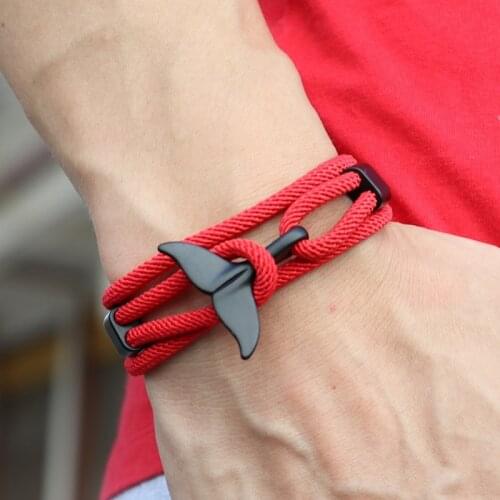 Hand woven whale tail Viking Bracelet Charm Handmade Red Rope mens wristband string jewelry