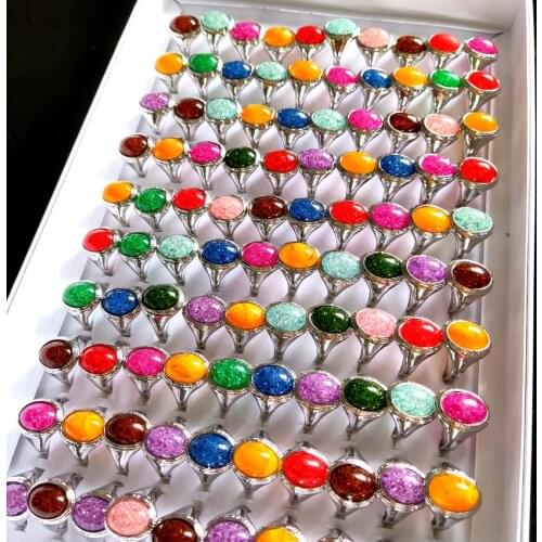 Bulk lots 50pcs Wholesale Womens Vintage Candy Color Beautiful Silver Alloy Ring Transparent Sequins Oval Shape Finger Ring
