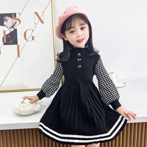 Christmas New Dress For Girls Half High Neck Striped Contrast Pleated Sweater Dress Princess Dress Child Clothing For 3-8 Age