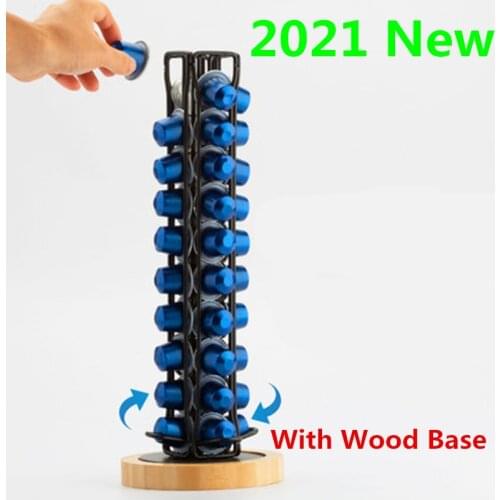 2021Coffee Pod Holder With Wood base Rotatable Plating Stainless Capsule Metal Rack Storage 40PCS Nespresso Coffee Racks