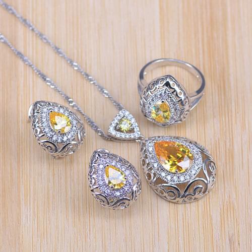 Risenj Vintage Water Drop Square Silver Color Jewelry For Women Yellow Cubic Zirconia earrings ring neckace set